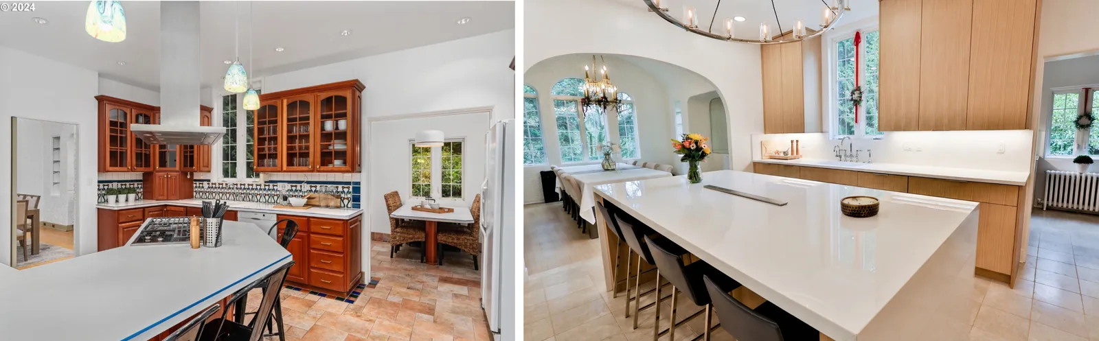 Kitchen before and after — dated raised-panel cabinetry replaced with rift white oak