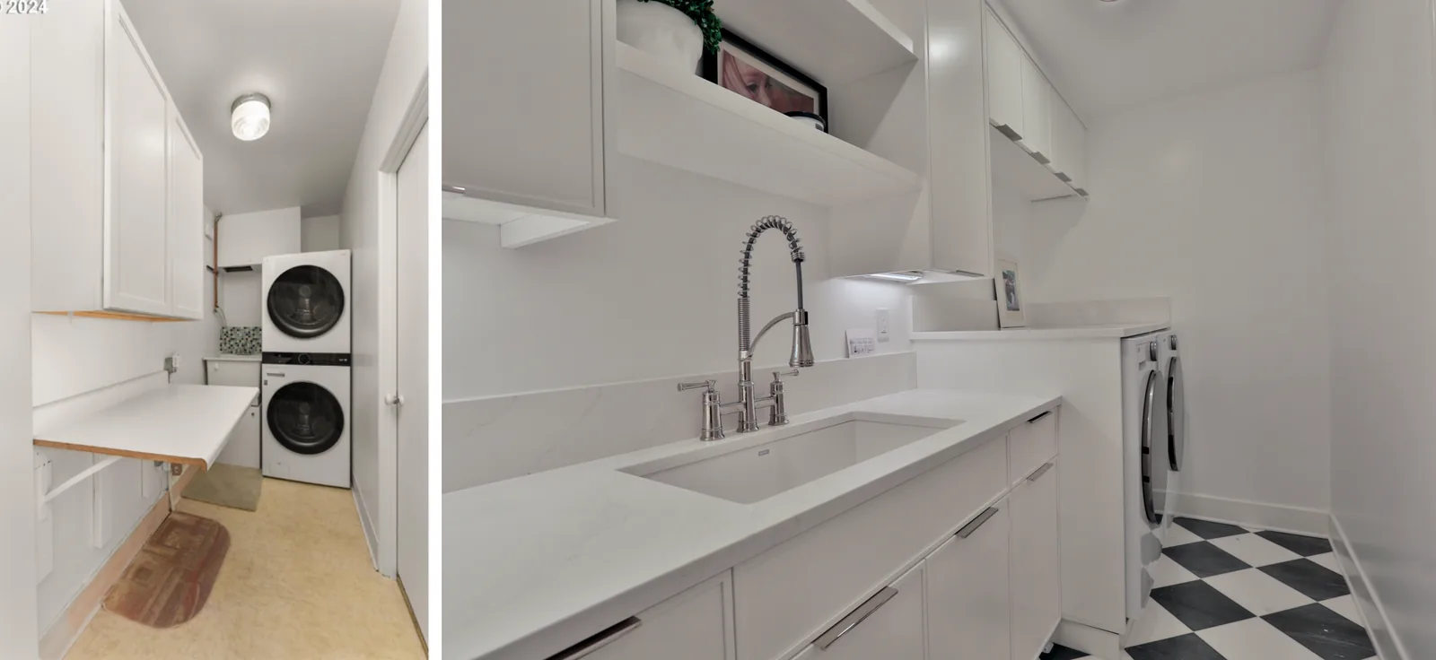 Laundry before and after — rebuilt with stone counters and a checkerboard floor