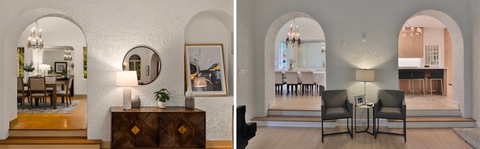 Living room before and after — original arches kept, floors and lighting renewed