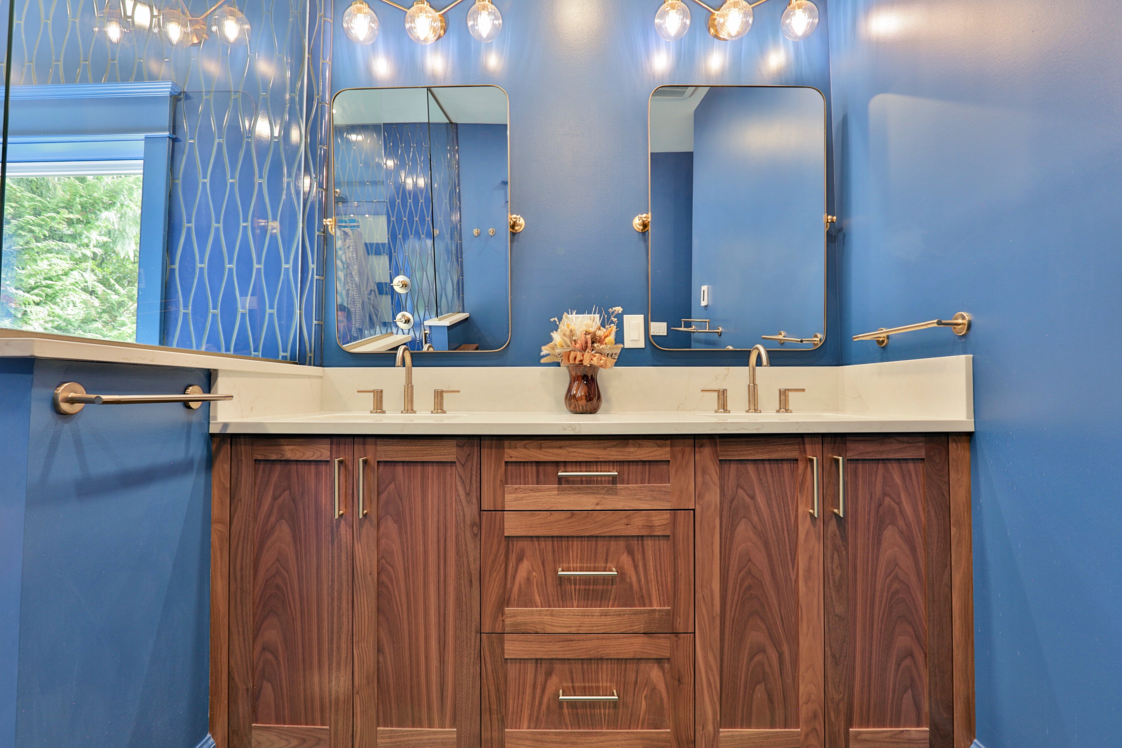 Walnut vanity and custom cabinetry in Portland master suite remodel