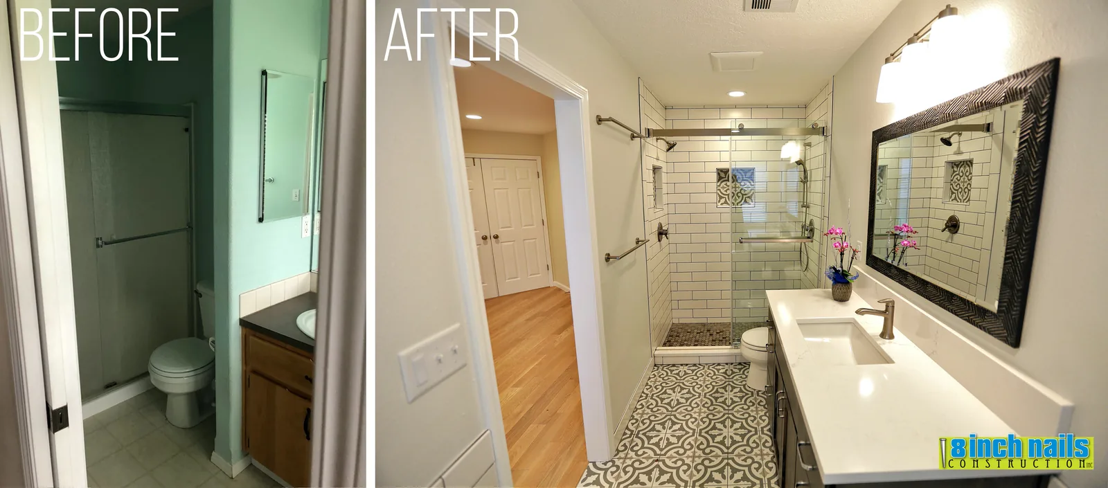 Shower before and after — framed glass and vinyl replaced with subway tile and a patterned floor