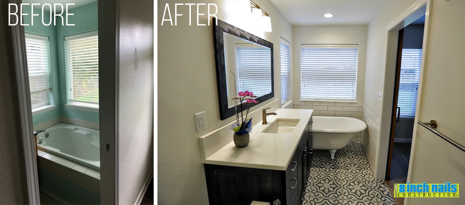 Tub before and after — a tiled drop-in tub replaced with a freestanding clawfoot tub