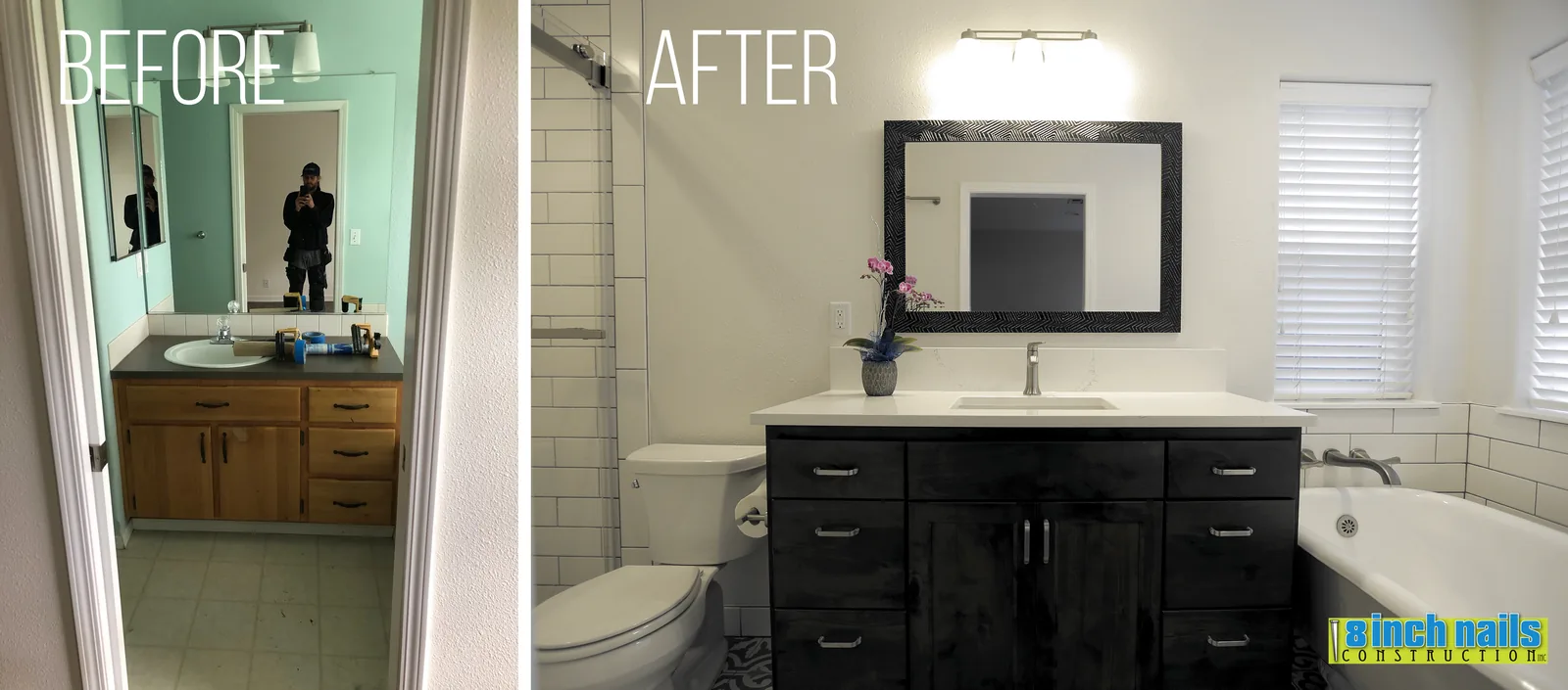 Bathroom vanity before and after — oak and laminate replaced with a dark vanity and quartz