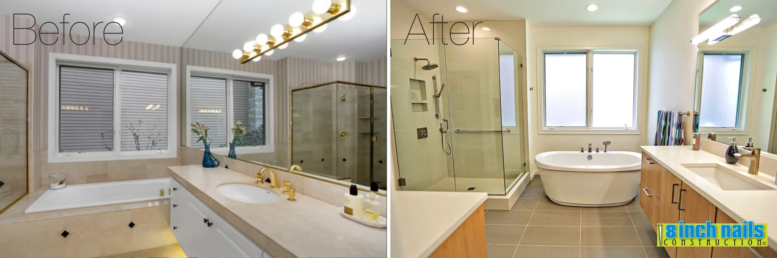 Bathroom before and after — striped wallpaper and a tiled tub deck replaced