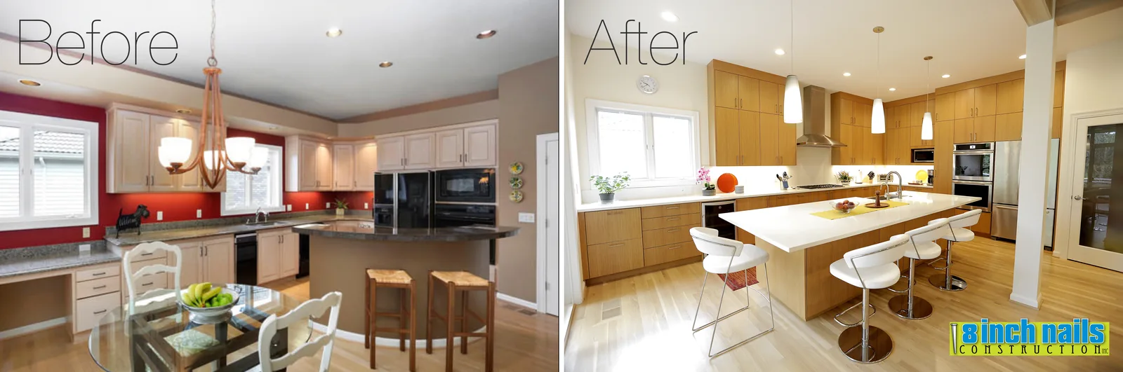 Kitchen before and after — maple raised-panel and black appliances replaced with flat-panel oak