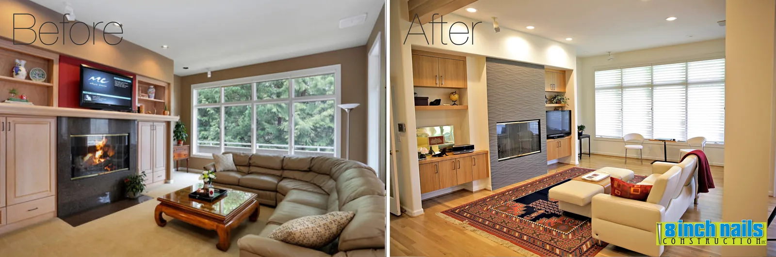 Living room before and after — the tiled fireplace and traditional built-ins rebuilt